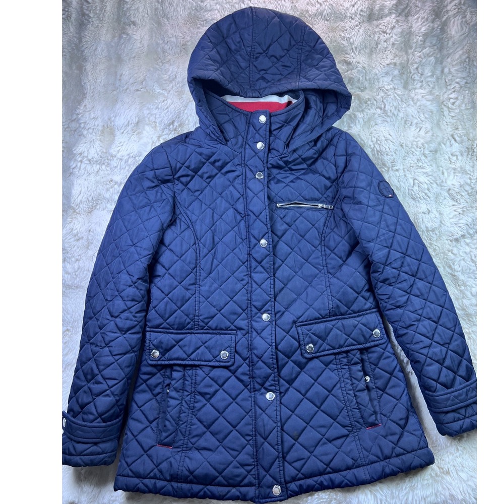 Tommy Hilfiger Navy Blue Quilted Hooded Jacket Womens Small Stitch Coat. A42